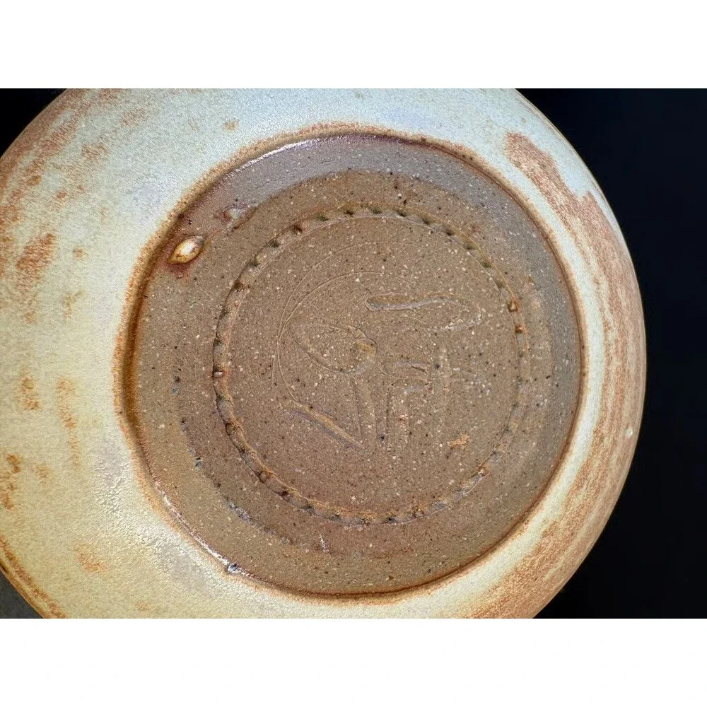 Studio Pottery Squat Vase Carved Band Speckled Ash Glaze Stamped Signed